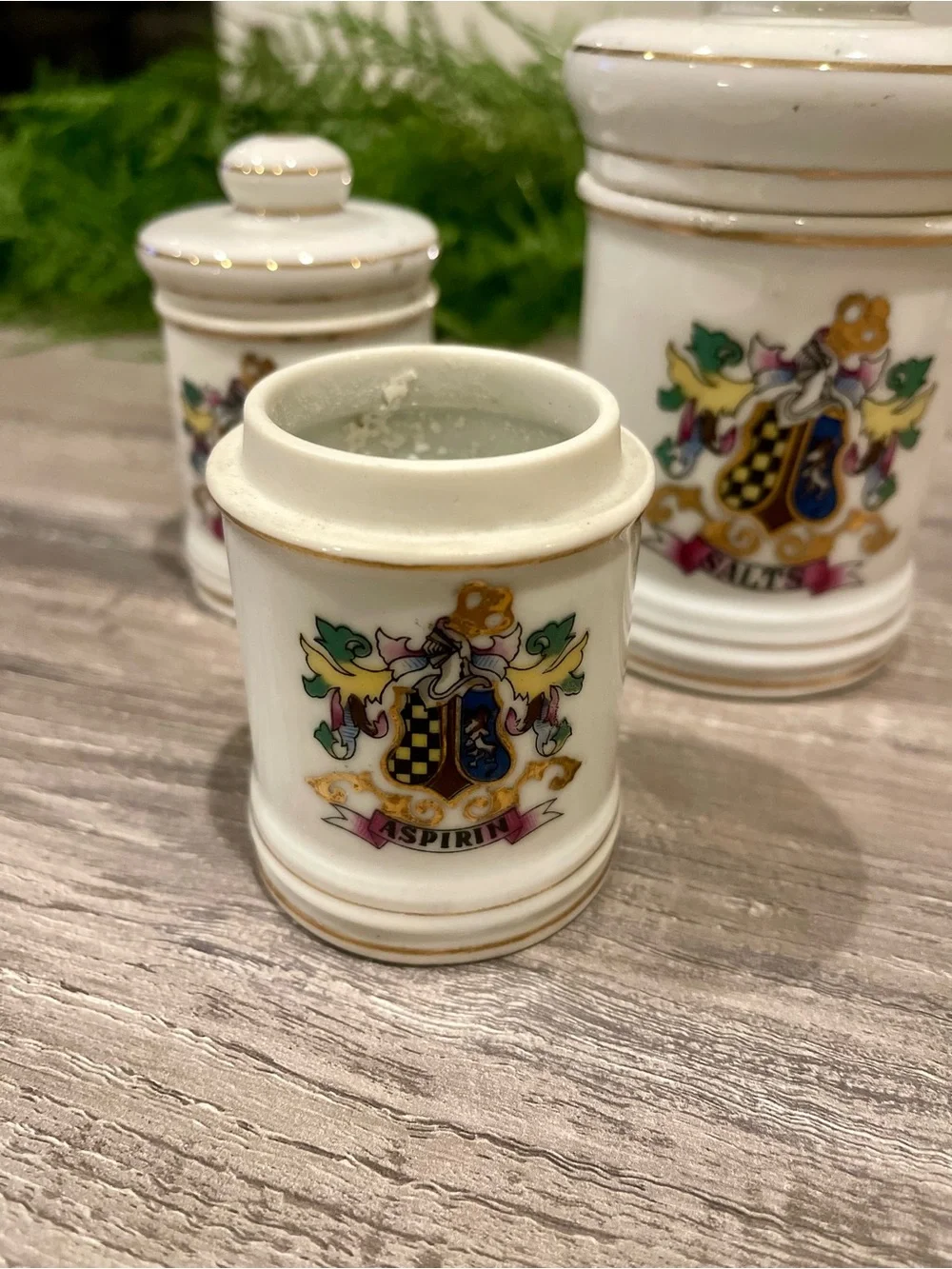 Porcelain Apothecary Vintage Set  with Gold Trim and Multicolor Crest